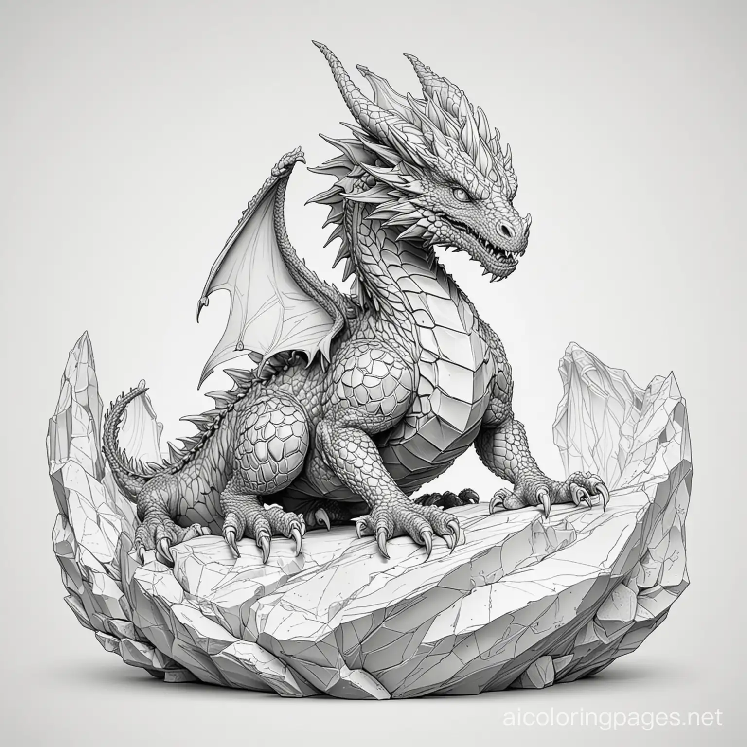 crystal rock dragon, Coloring Page, black and white, line art, white background, Simplicity, Ample White Space. The background of the coloring page is plain white to make it easy for young children to color within the lines. The outlines of all the subjects are easy to distinguish, making it simple for kids to color without too much difficulty