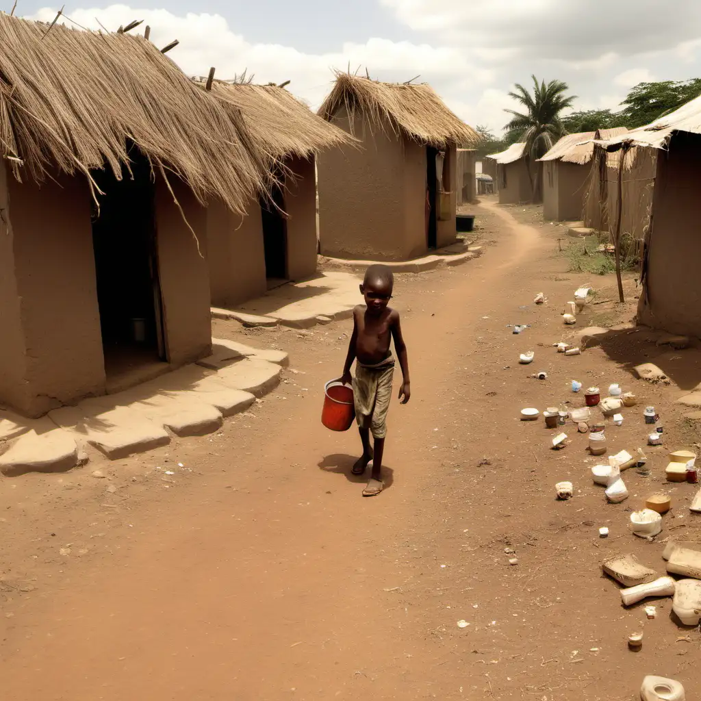 show the poor village where african people are living in, dry weather, dirty, no food, no clean water