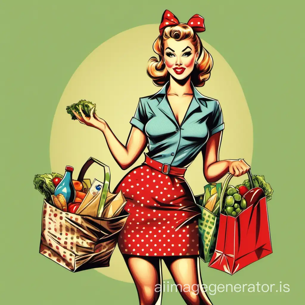 Girl with grocery bags from the store, pin-up style