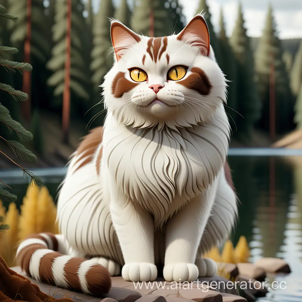 Кот, белый с янтарными глазами бурым левым ухом, бурым полосатым хвостом, высокая и толстый. На фоне хвойного леса и реки. Пушистый