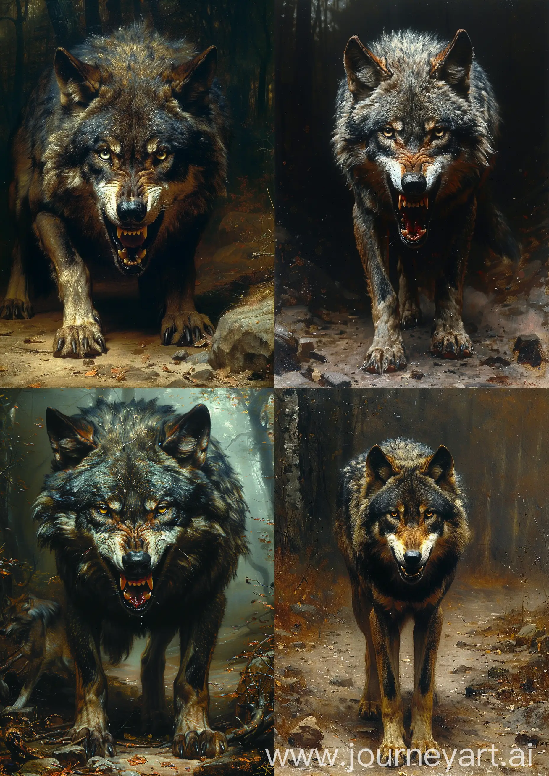 Prompt William-Adolphe bouguereau painting of a snarling black wolf, high tones, high detailed, full body —c 22 —s 750 —v 6.0 —ar 5:7