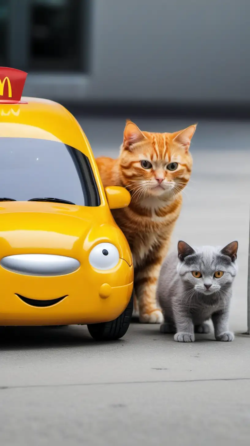 Adorable Ginger Cat and Gray Kitten Resting on Yellow Car Near McDonalds