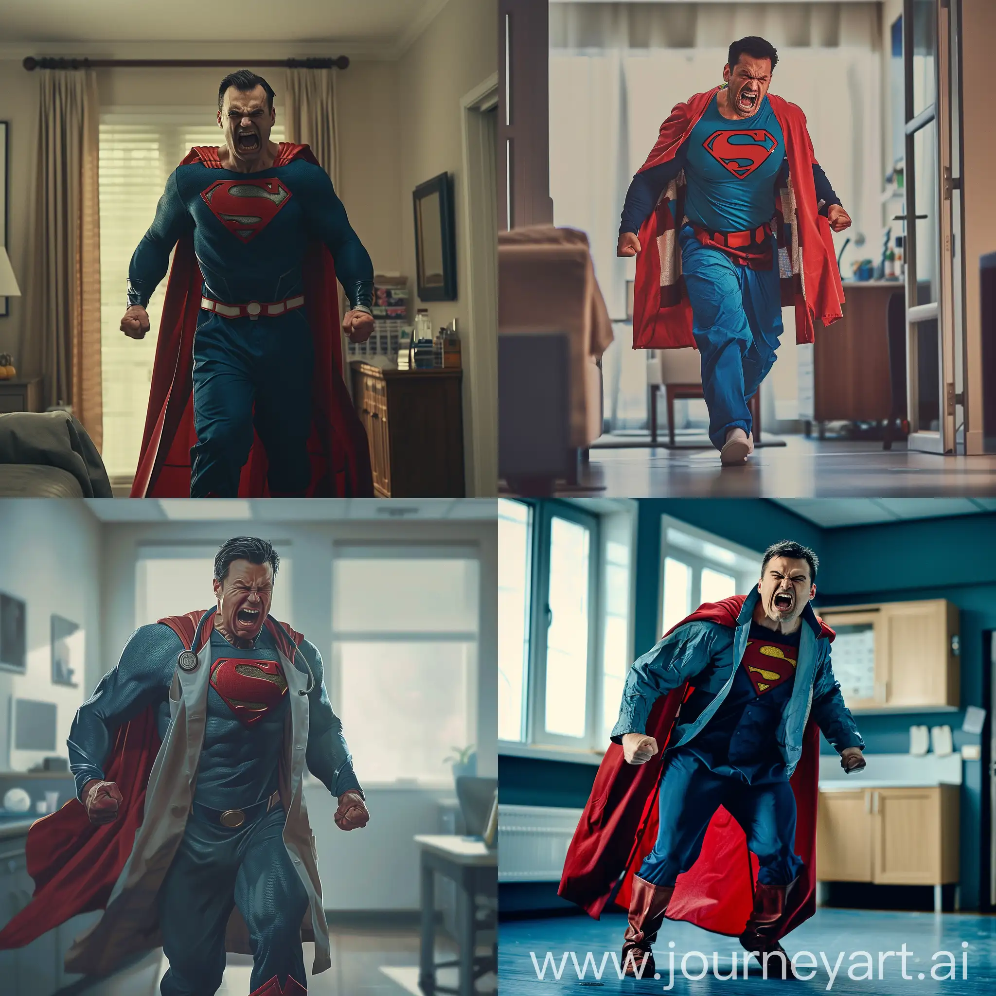 a doctor is walking in a room dressed with super man clothes very angry