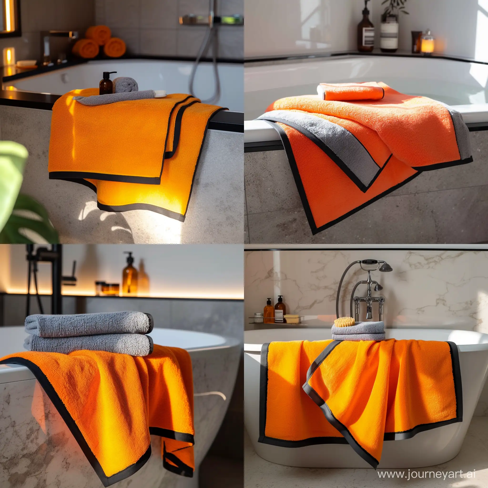Покажи серые однотонные оранжевые полотенца без рисунков с черными краями размер в 1 сантиметр по периметру в стильной ванне с хорошим освещением 