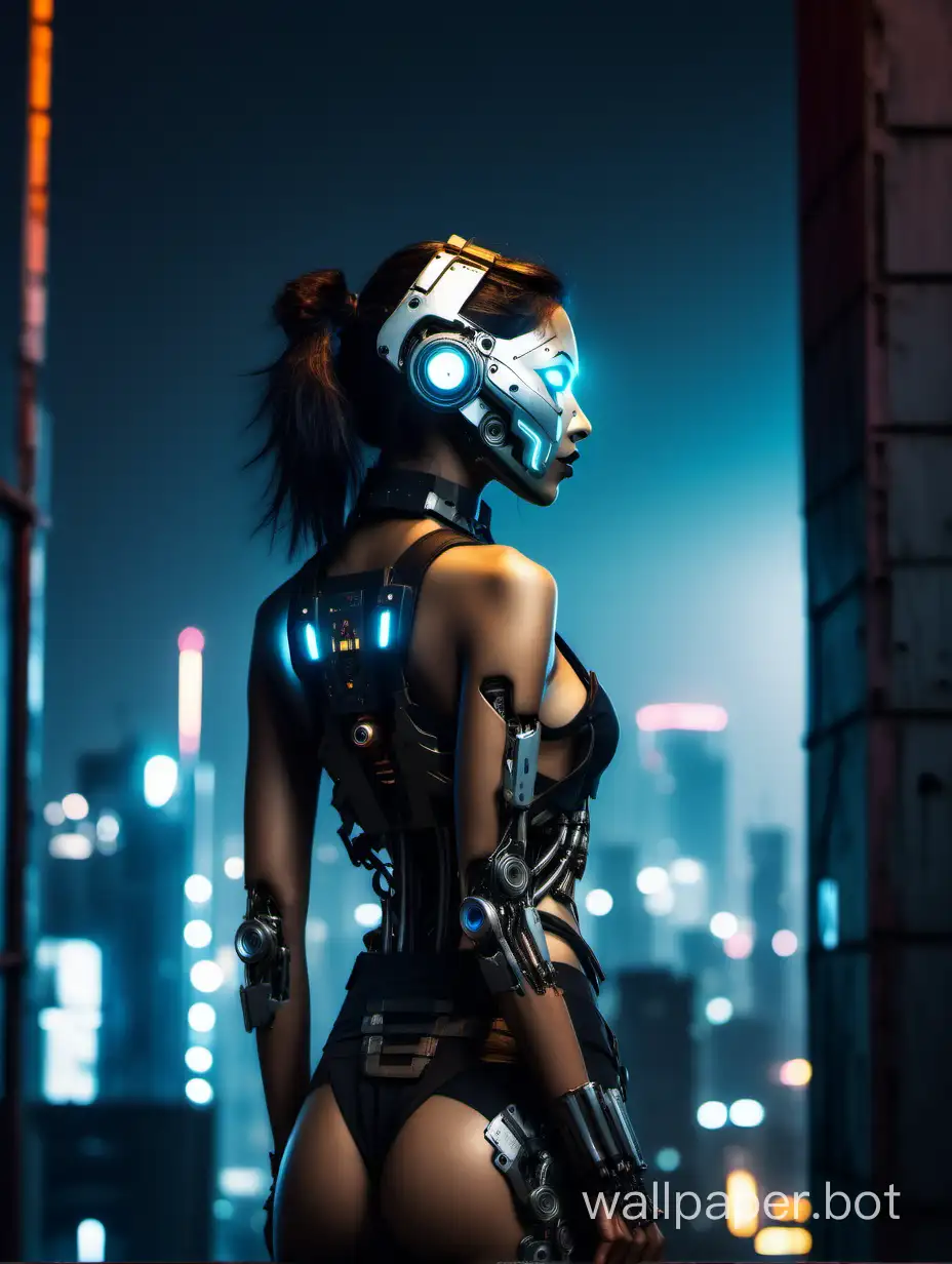Indian Female 26 years old, robotic mask, Standing at edge of Cyberpunk building in night at Cyberpunk City, Glowing half humanoid body, back view