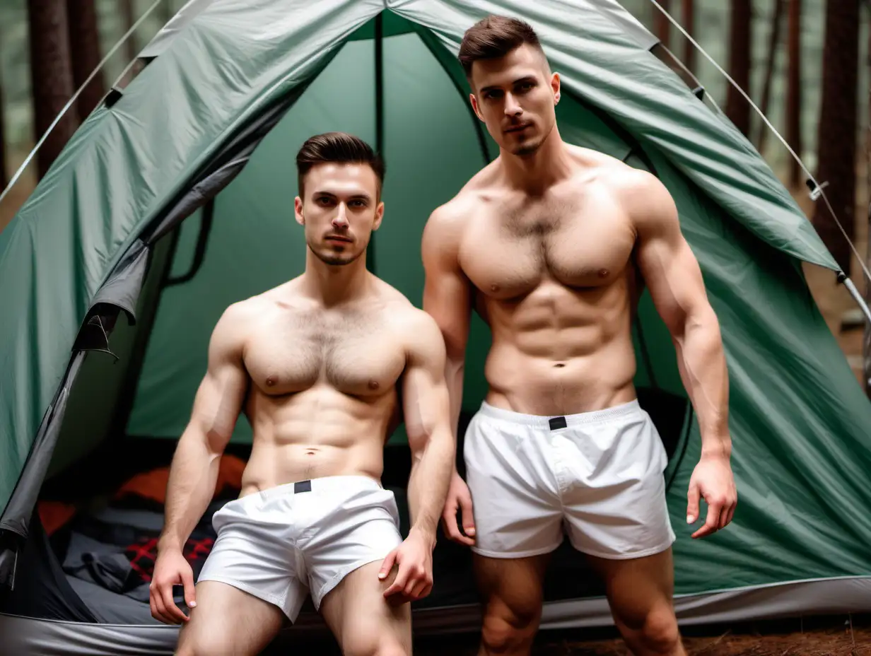 full body image of two athletic shirtless guys 25-30 years old, wearing white boxers and white socks, just woke up, laying together next to each other inside the camping tent 
