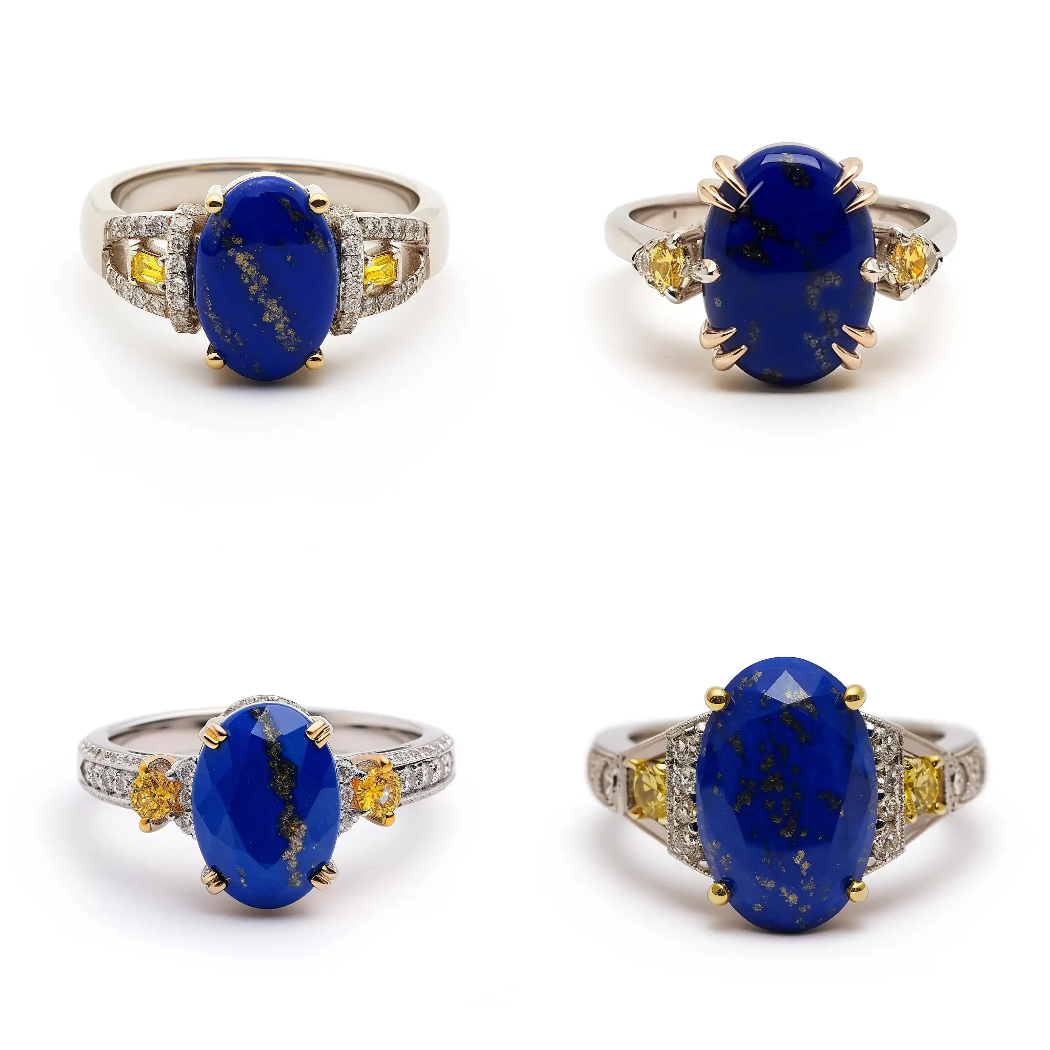 /imagine prompt white gold ring with ovale cut lapis lazuli 2cm long and 1.5 cm wide and yellow diamonds on each side art deco style set