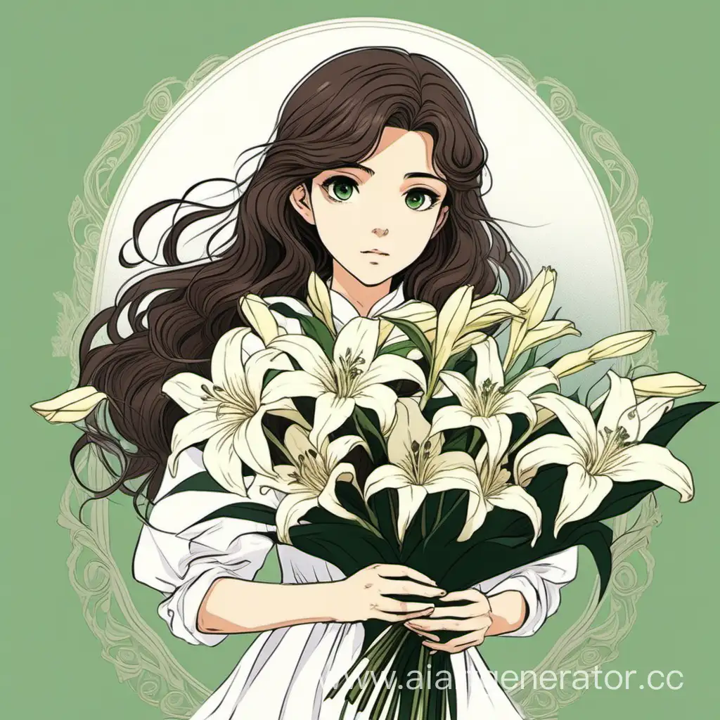 девушка в стиле хаяо миядзаки с темно-зелеными глазами, темно-коричневыми волнистыми волосами в белом винтажном платье, с букетом лилий в руках, без очков