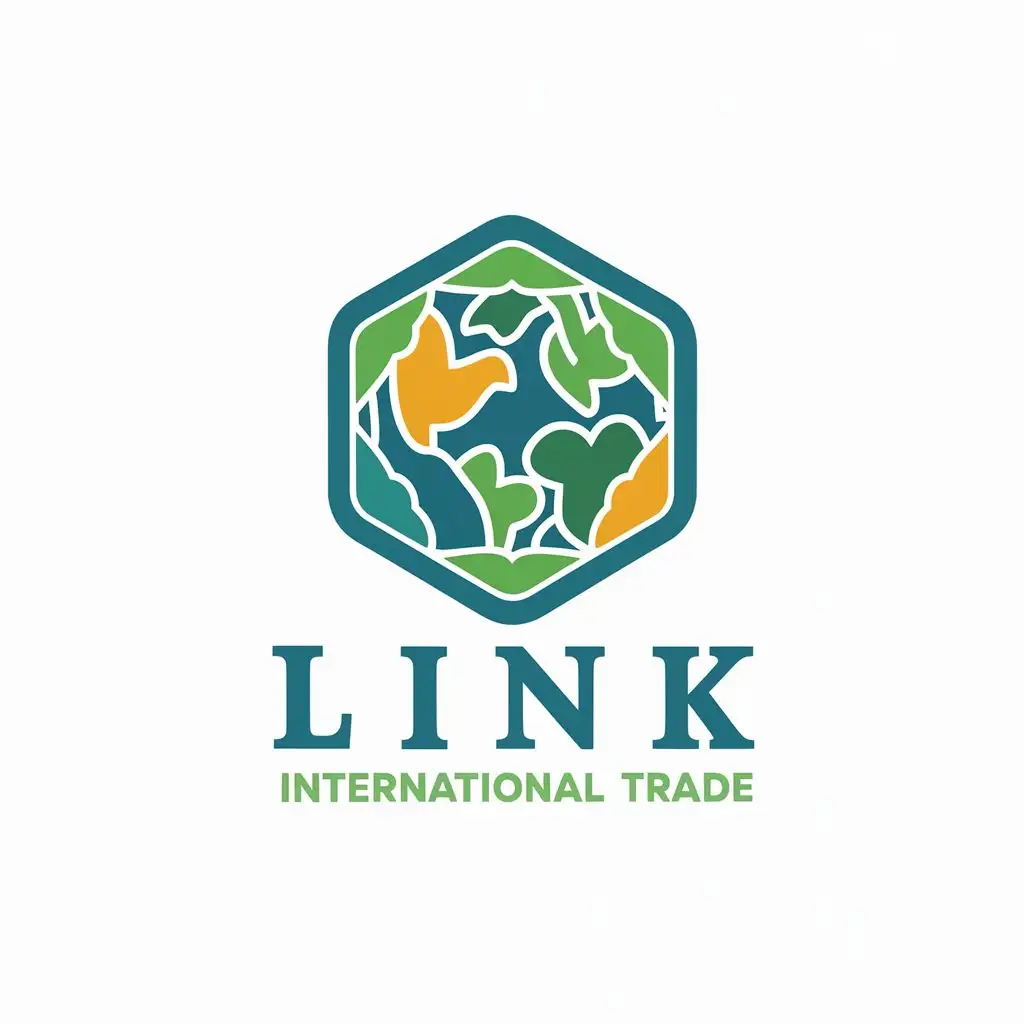 logo, Blue and green Hexagon linked to earth and nature for fruits and vegetables business, with the text "Link International Trade", typography