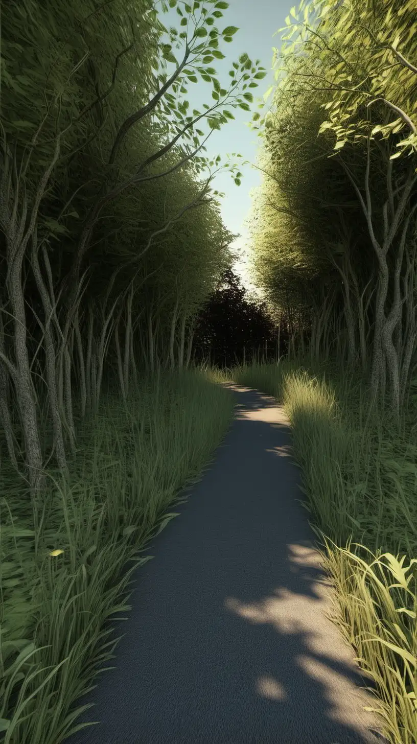 nature walk on a friday, very detailed and realistic, with a road