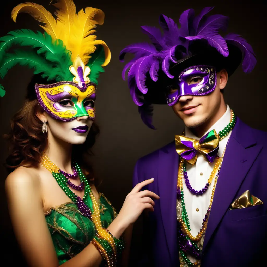 Elegantly Adorned Couple at a Vibrant Mardi Gras Ball