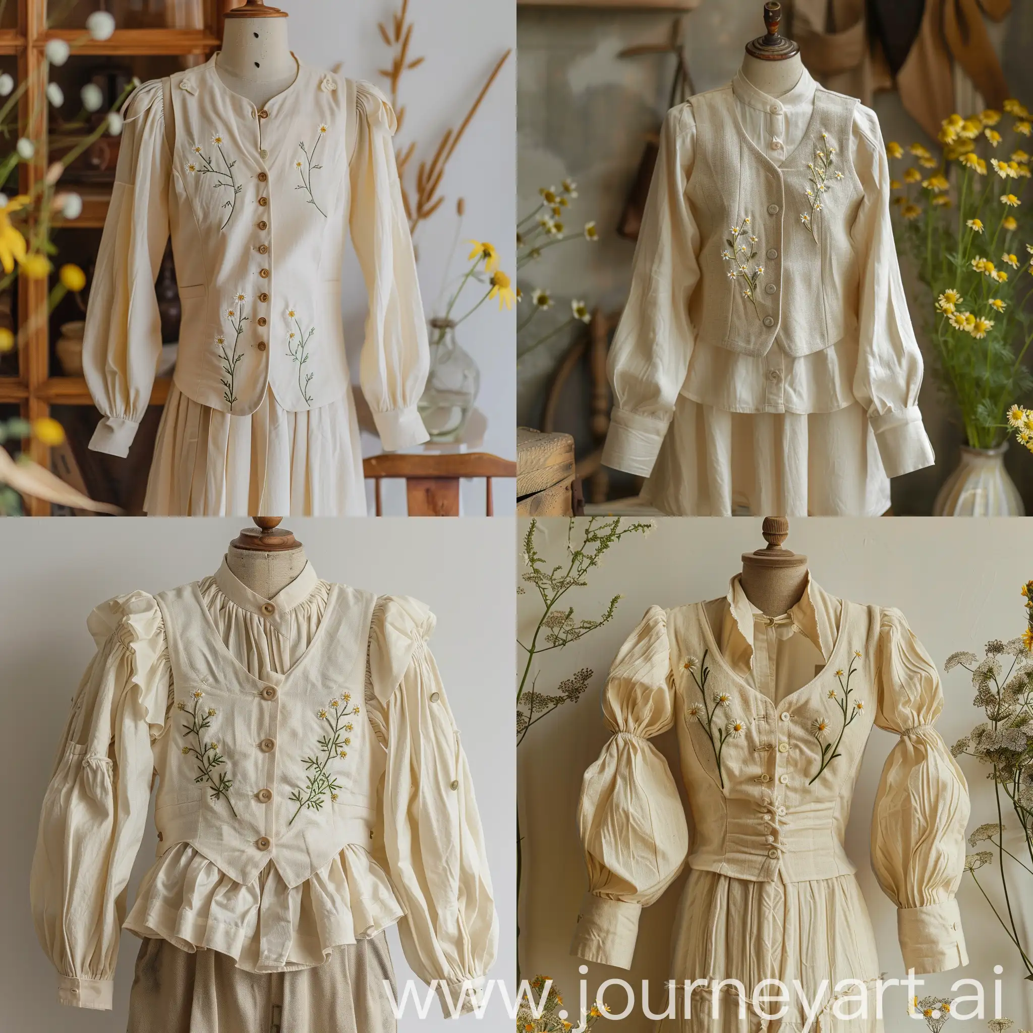 A blouse and vest, cotton material, cream color, small camomile branch embroidery, button front