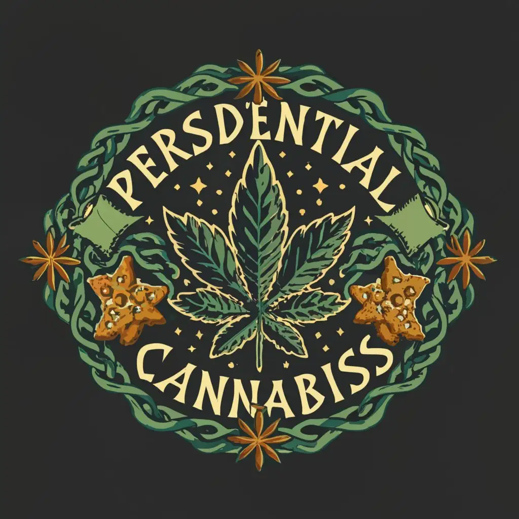 a logo design, with the text 'Presidential Cannabis', main symbol: cannabis, complex think cookies or  fun, eye-catching.made that people think it great taste ,feel a great taste just like a cookies,make more improvement,much more improvement, makes graphics excellence 