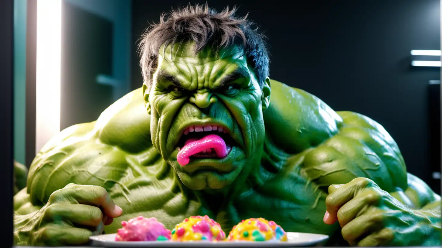 Hilarious Hulk Eats Vibrant Puff Surprised Reflection in Mirror