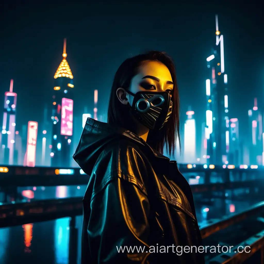 Девушка в маске стоит на фоне ночного города в стиле киберпанк