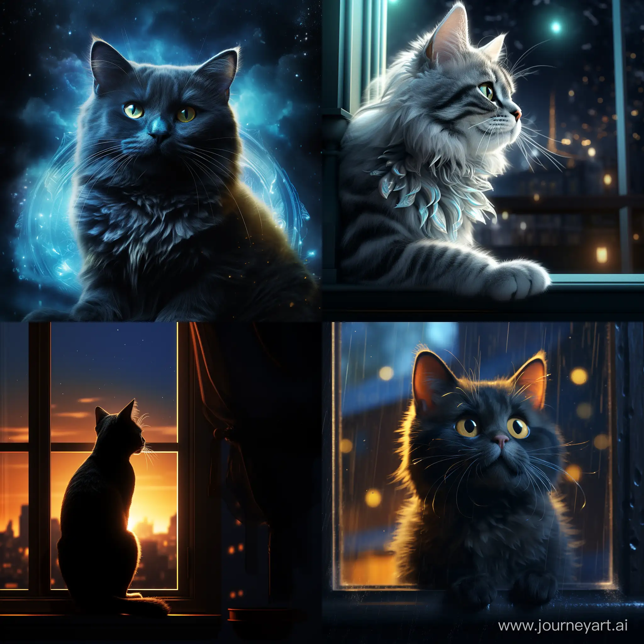 movie poster fantasy cinematic lighting, ::1.3, голубая кошка с черными узорами на фоне окна, свет проникает через окна отбрасывая блики на кошку, --chaos 15