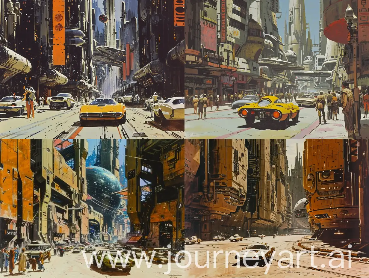 70s concept art of the streets of a sci-fi metropolis by Ralph McQuarrie. Old retro science fiction art. in color. 