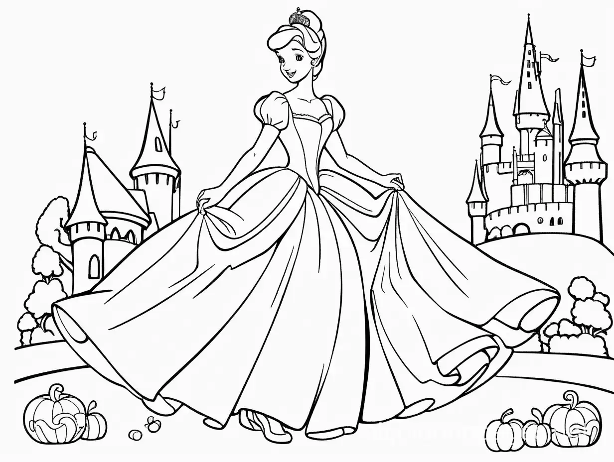 cinderella , Coloring Page, black and white, line art, white background, Simplicity, Ample White Space. The background of the coloring page is plain white to make it easy for young children to color within the lines. The outlines of all the subjects are easy to distinguish, making it simple for kids to color without too much difficulty