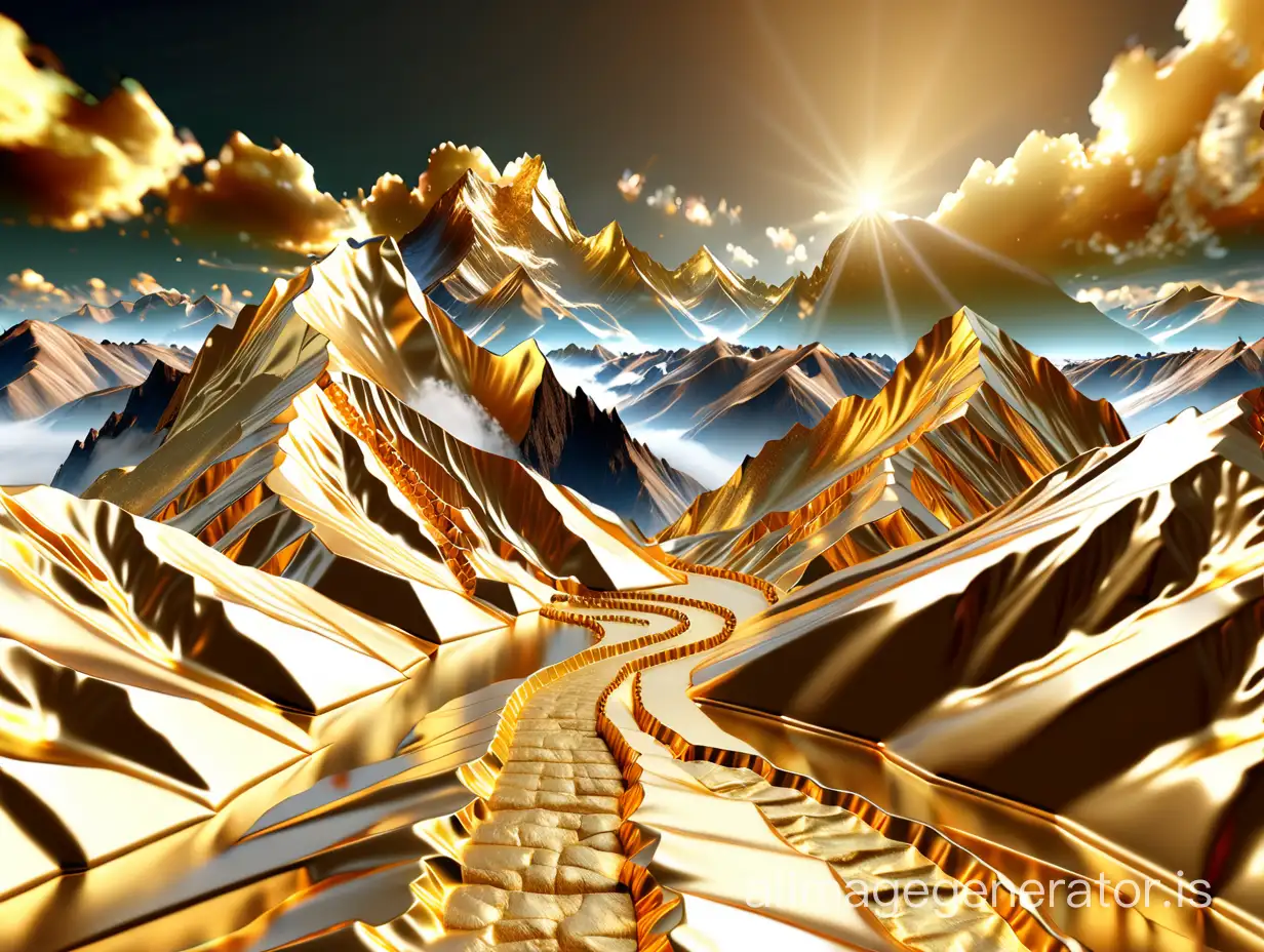 3d realistic render, big mountains made of shiny gold, with a path to the heaven overlaying this mountains