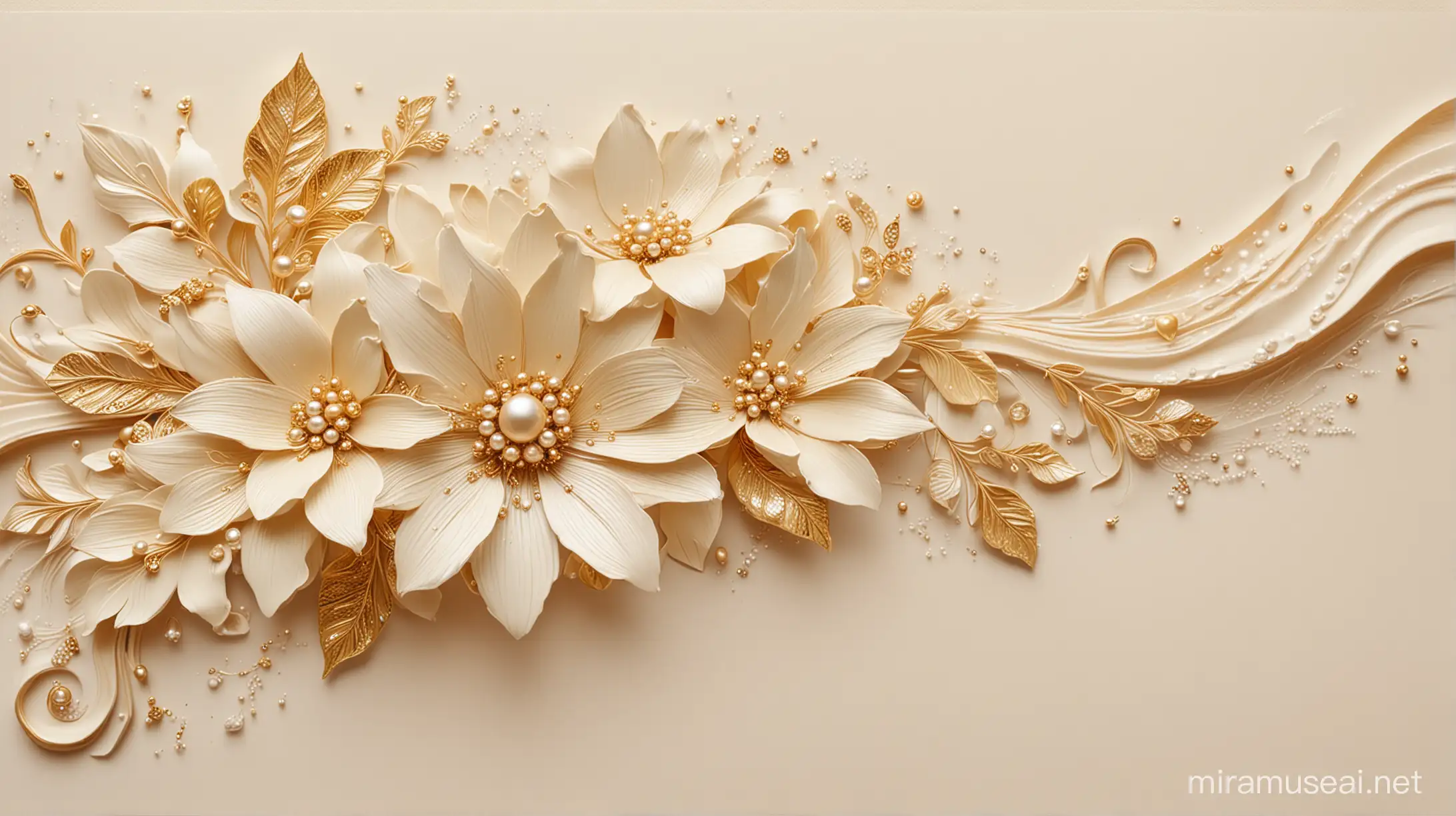 abstract flowers with gold and pearls on a cream background