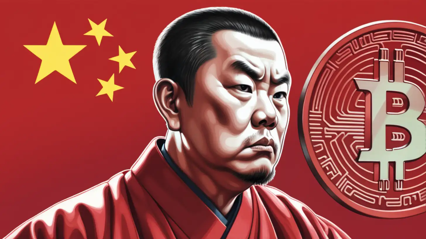 a man in chinese flag frowning at btc