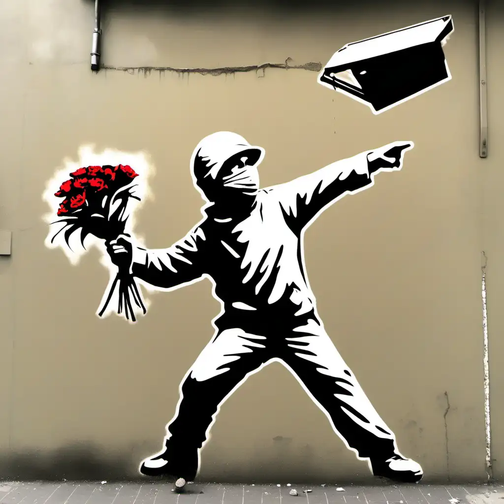 Urban Protester Throwing Bouquet of Flowers Street Art