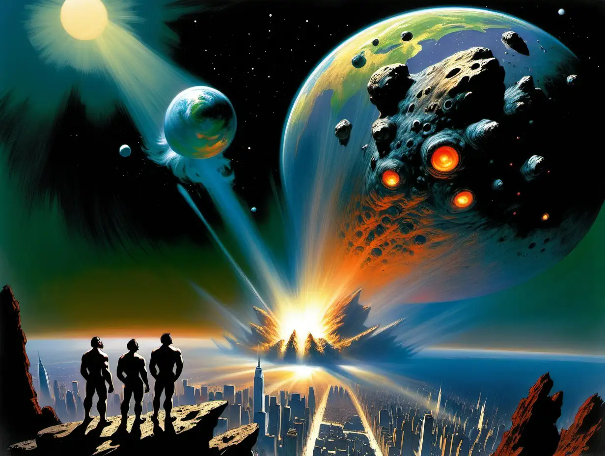 men in NYC looking at a huge asteroid approaching the Earth 65 million years ago
Frank Frazetta style