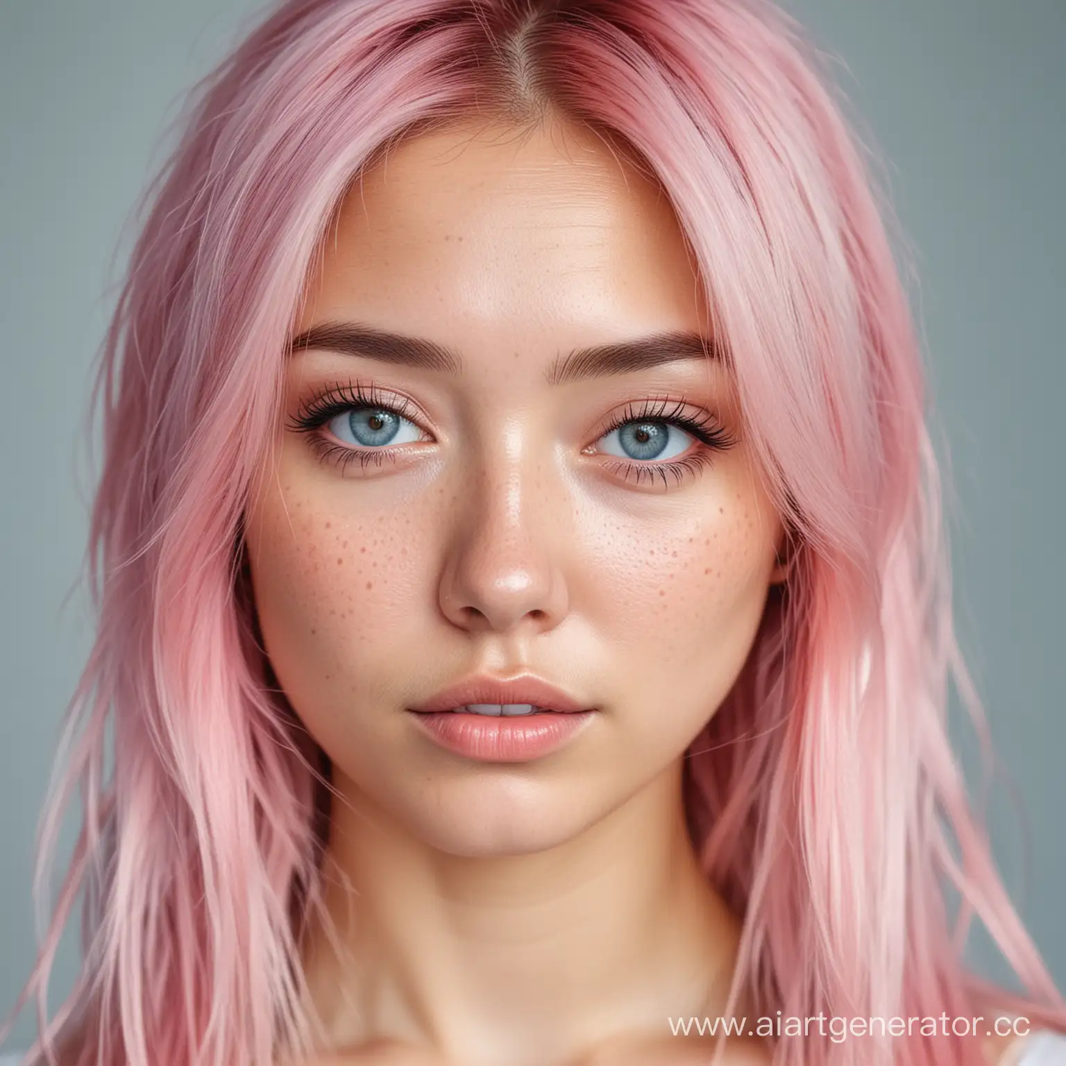 realistic portrait photo of a beautiful woman with pink hair, slightly faded roots, Asian appearance, light freckles, with a small mole near her nose, light blue eyes, without makeup, instagram