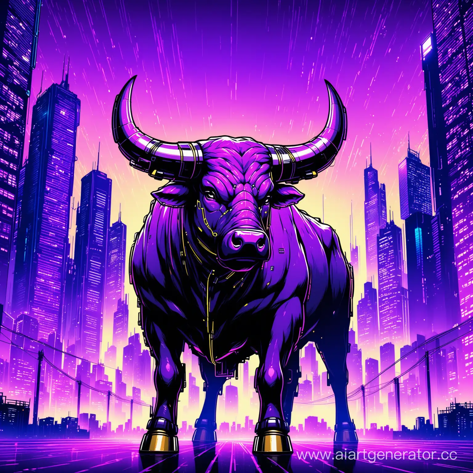 киберпанковский бык на фоне фиолетового города с кучей небоскребов