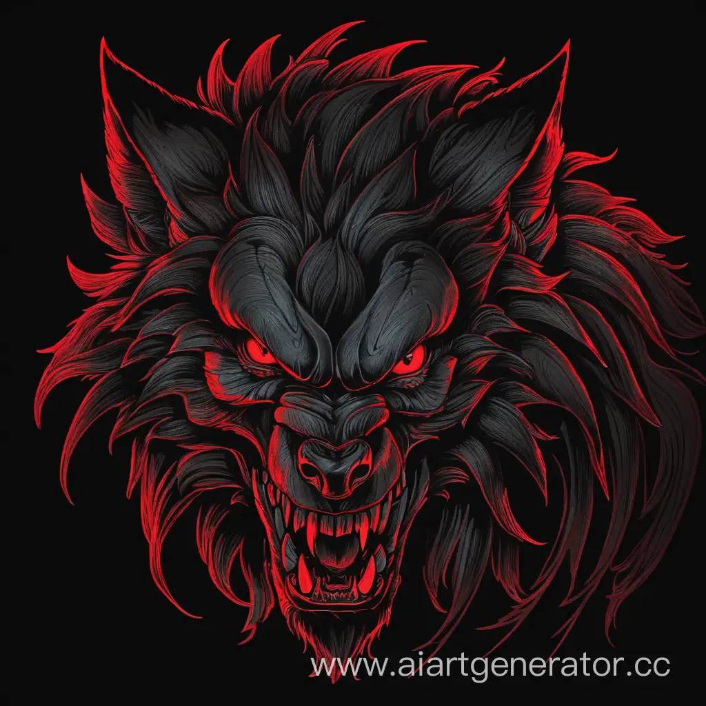 Drawing of a beast, black and red in color, fiercely looking, resembling a mad wolf, on a black background
