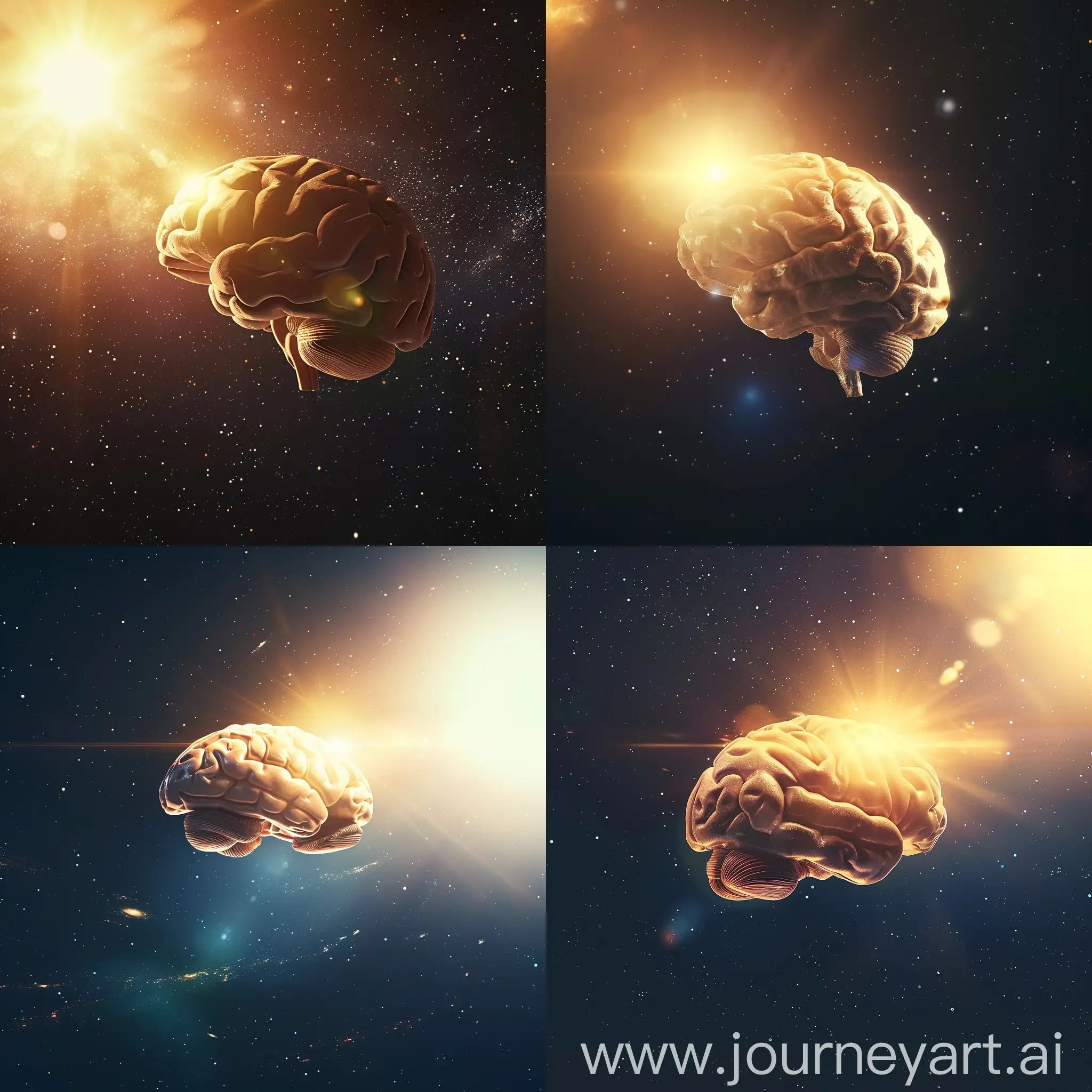 a human brain floating in space shining in the sunlight
