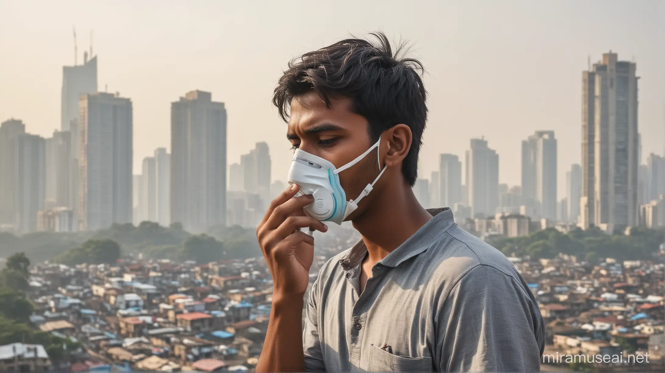 an image showing an young indian person who is unwell and coughing. behind him there is the backdrop of mumbai. around him there are elements of climate change like pollution, extreme temperature, polluted water. 