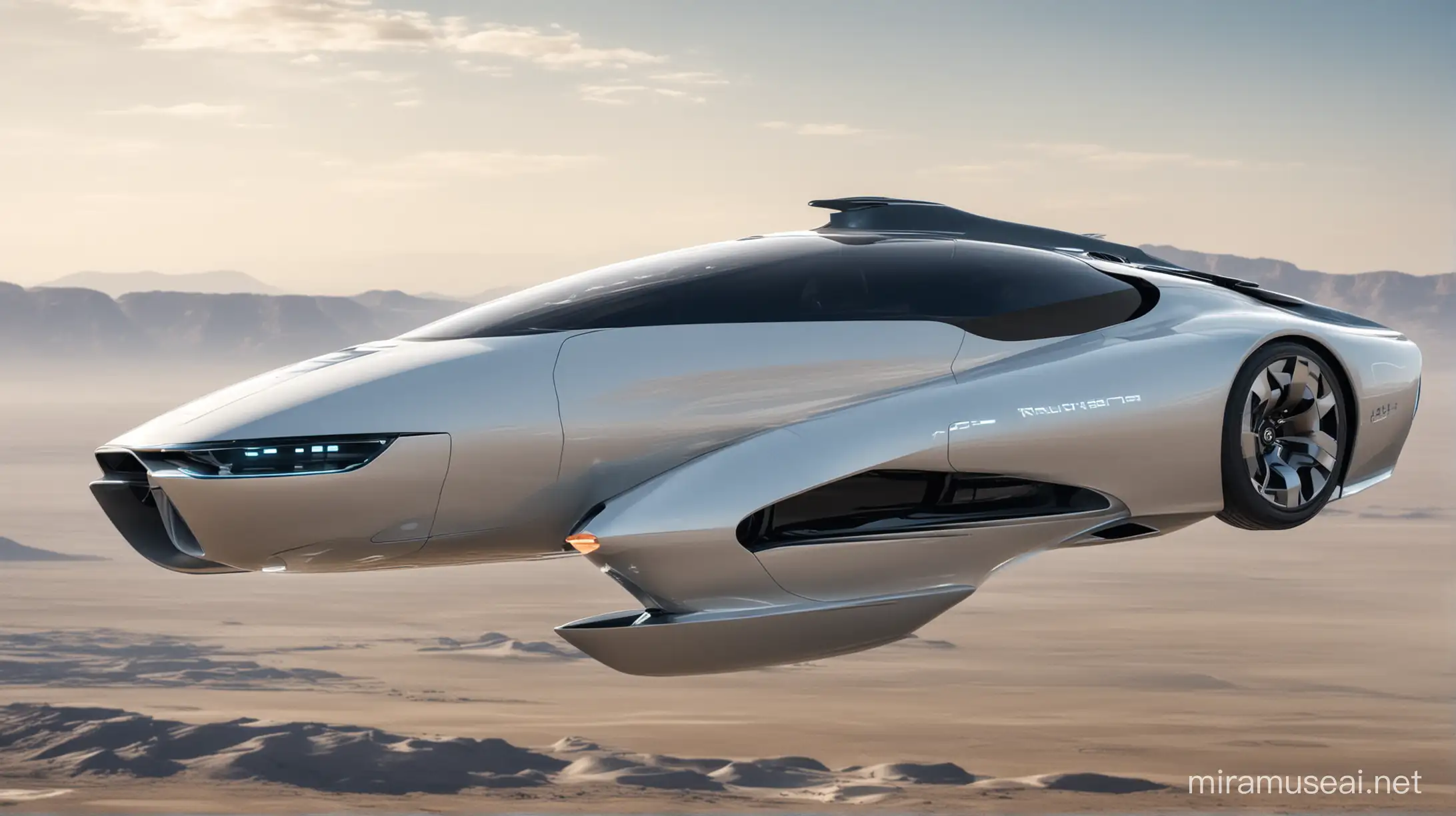 Futuristic Side View of Flying Car in Urban Landscape