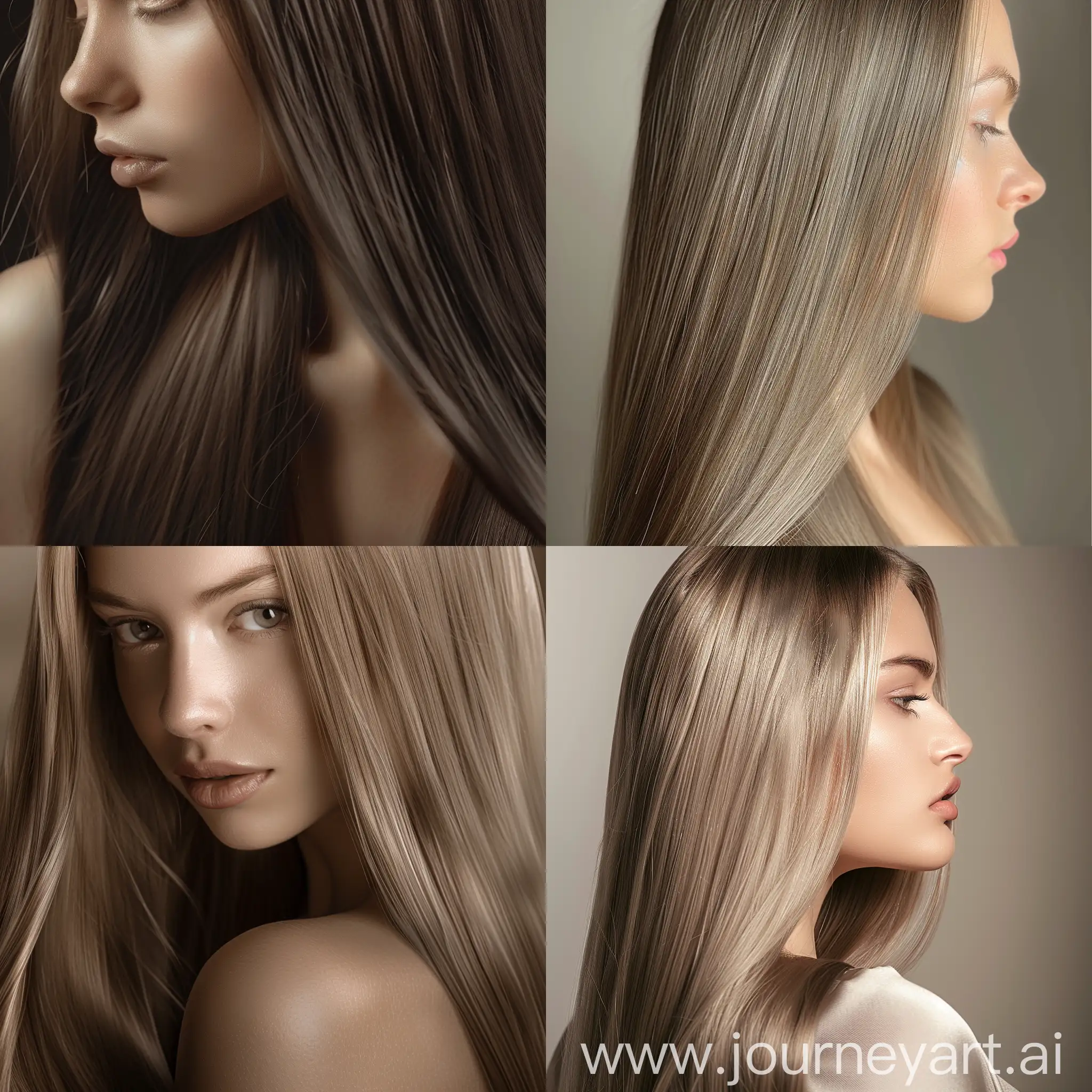 Create a detailed, close-up photograph of a woman with long, straight hair, emphasizing the hairstyle's elegance and perfection. The lighting should enhance the hair's natural sheen and texture, drawing the viewer's attention to the hair's healthy appearance and styling. A neutral background is preferred to ensure the hairstyle is the focal point. The image should capture the hairstyle's beauty and simplicity, making it the standout feature that inspires site visitors.

