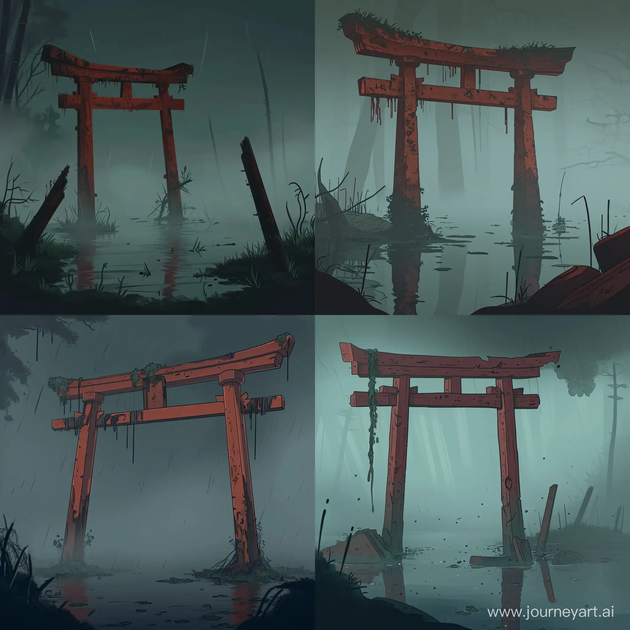 An old, rotting, leaning red torii gate standing in a dimly lit, foggy, eerie lake, set in foggy dark lake, japan tradition taste creepy world, in cartoon style