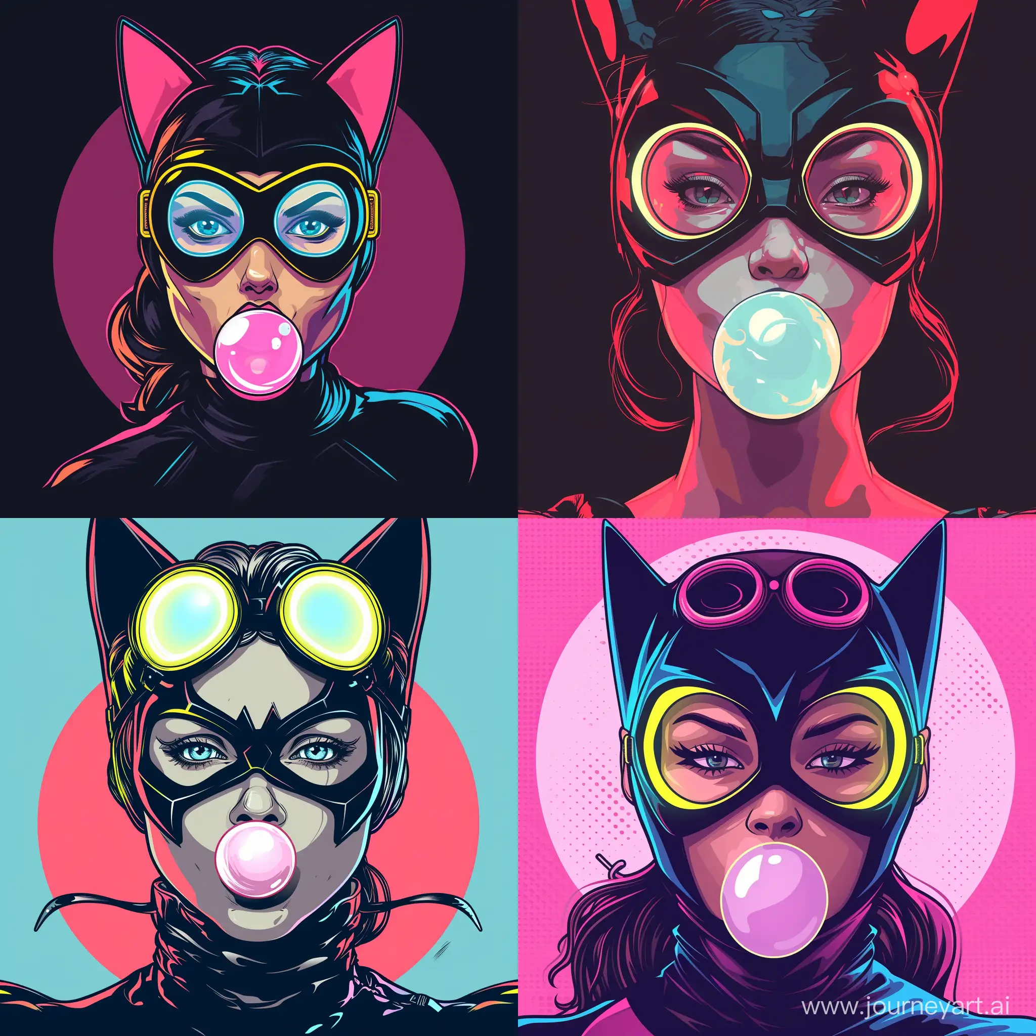 portrait of a Catwoman blowing bubble gum, wearing neon goggles, in cartoon vector style