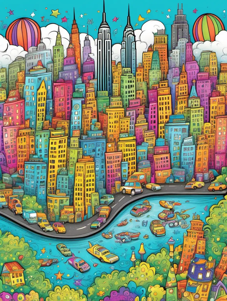 Vibrant New York Cityscape Imaginative Characters in Whimsical Design