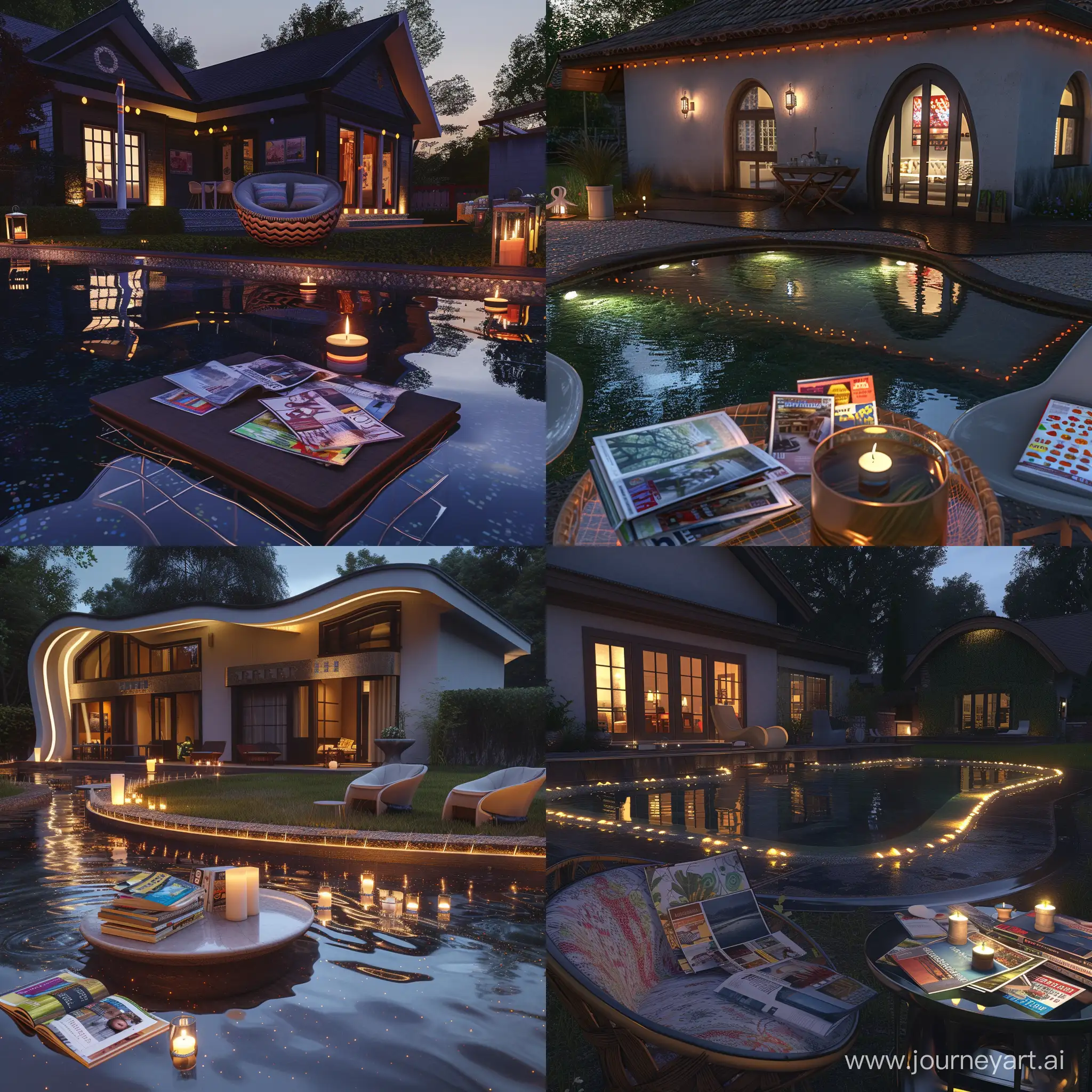 beautiful american house with an interesting design, at night. a backyard a small swimming pool, with beautiful edging, lights reflecting in the water everywhere. There is a coffee table with magazines and candles near the house. there are two design chairs near the table. 8 to photorealism, unreal engine