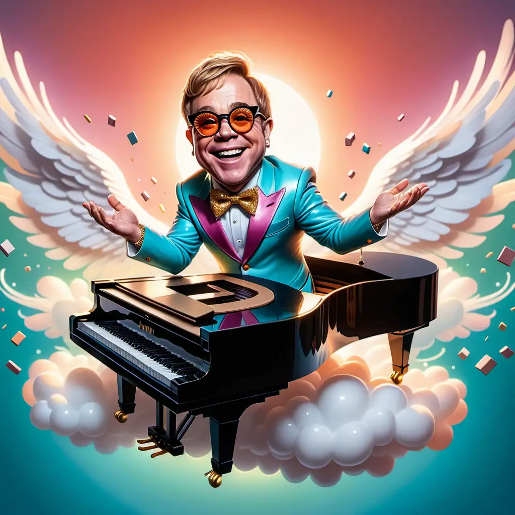 Eine Karikatur von Elton John, der auf einem fliegenden Klavier durch die Luft schwebt.