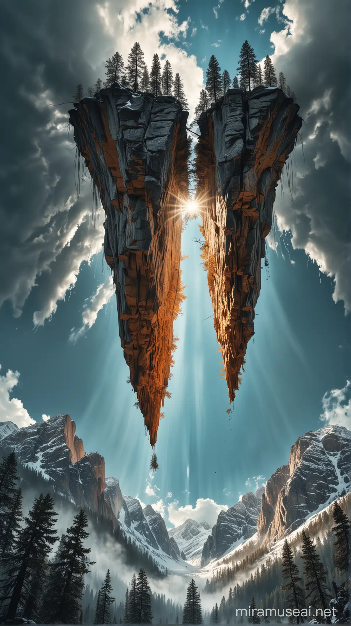 Surreal Sky Landscape with Inverted Mountains and Hanging Trees