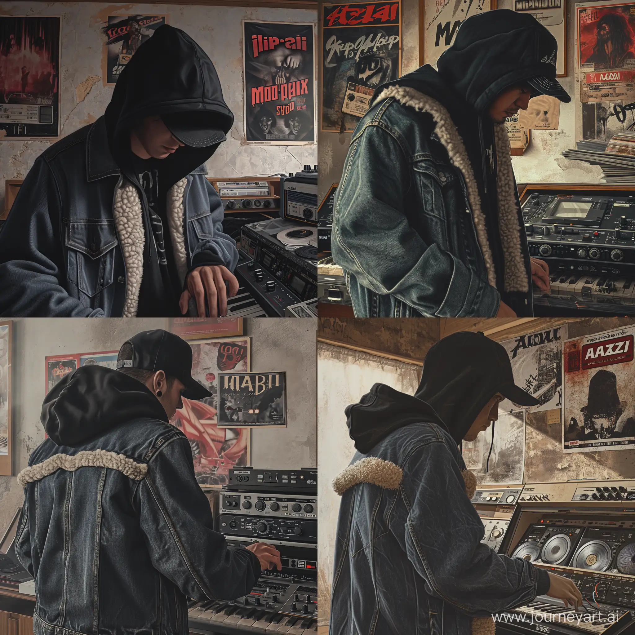 "Style: Hyperrealism. Character: A man in a black hoodie (hood not worn on the head), black snapback cap, denim 'trucker' style jacket lined with sheep's wool. Environment: A dusty music studio in a basement, featuring akai music equipment and vinyl records and old horror movies posters on the wall. Action: The character is either creating music or listening to a recording on a cassette. Lighting and colors: Natural lighting suggesting cloudy skies, with a focus on earthy and neutral denim shades. Perspective and composition: Adhering to the golden ratio, focusing on the character and their interaction with the music equipment. Negative Prompt: No neon colors, other characters, unrelated objects, bright colors, elements of fantasy or surrealism. Additional information: To be used as a hip-hop album cover, capturing an atmosphere of concentration and passion for music. Tags: #hiphop, #musicproduction, #akai, #studio, #mixtape. Notes: Emphasis on the details of the clothing and authenticity of the music equipment.