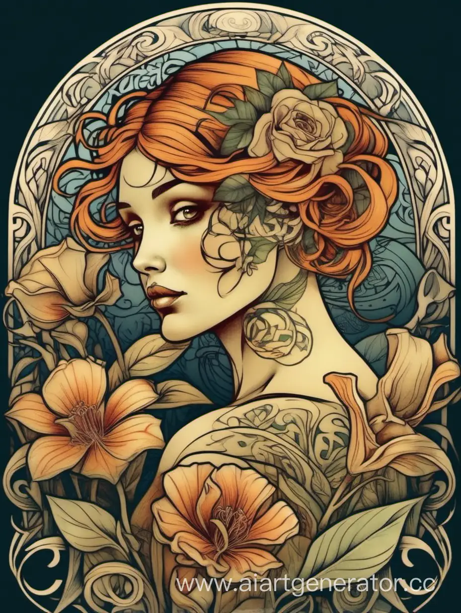 Девушка в татуировках с цветами в стиле Альфонса мухи 