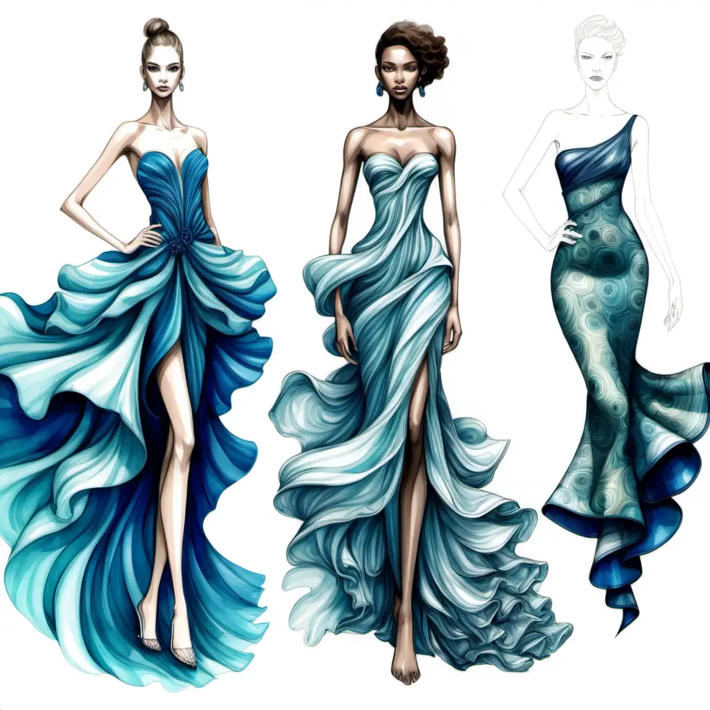 create a series of fashion sketches showcasing the essence of elegance and luxury found in the underwater world create gala gowns, emphasizing  layering and draping, fullness and fluidity of the ocean incorporating vibrant colors for each image. Experiment with different combinations of texture and pattern and hues to evoke the dynamic energy of  movement . goal is to inspire a fresh, edgy, elaborate and over the top designs that are still chic and modern looks that celebrate individuality and self expression