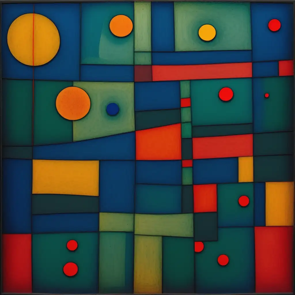 IN THE STYLE OF PAUL KLEE  CREATE ART ABSTRACT using deep blue, deep green, small amount of amber and smaller amount of red WITH THIN BLACK LINES