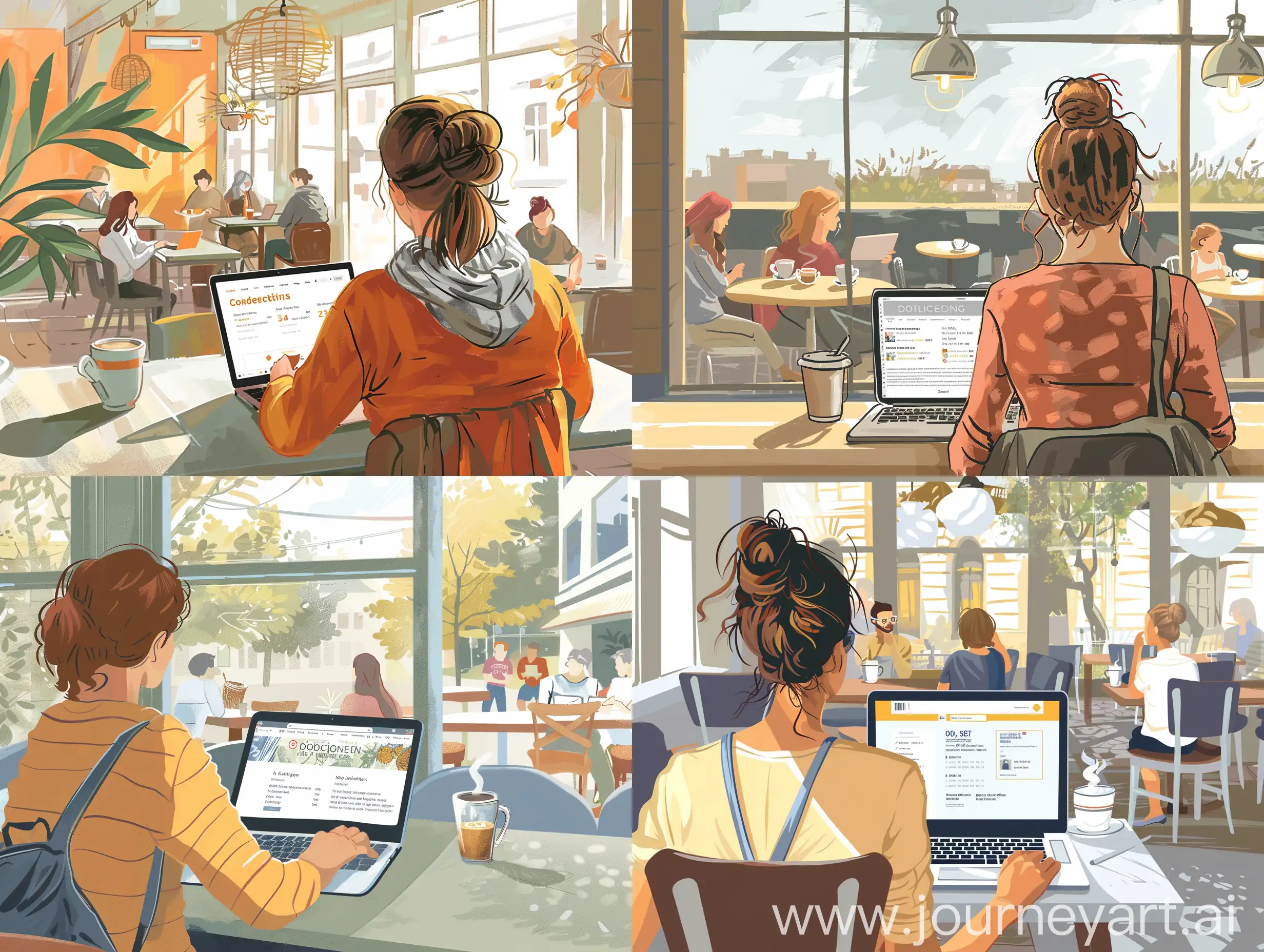 žena koja je okrenuta leđima i sjedi u kafiću i gleda početnu stranicu online obrazovanja na prijenosnom računalu. U kafiću ima nekoliko ljudi koji uživaju u kavi, vani je sunčan dan.