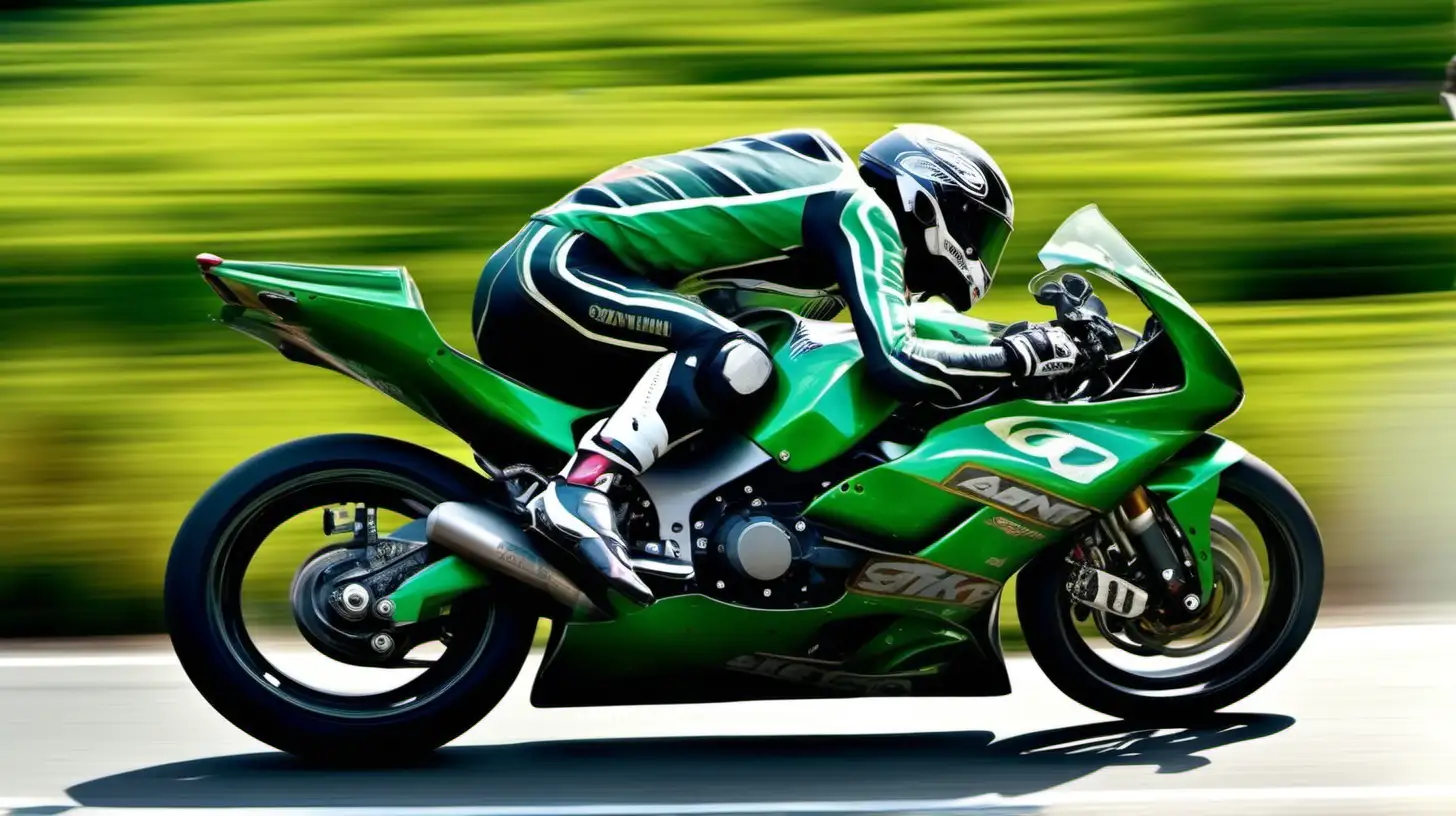 A dynamic shot of a racing bike leaning into a sharp turn on a winding mountain road, the rider clad in a sleek racing suit and helmet, with the backdrop of lush greenery blurred in motion.