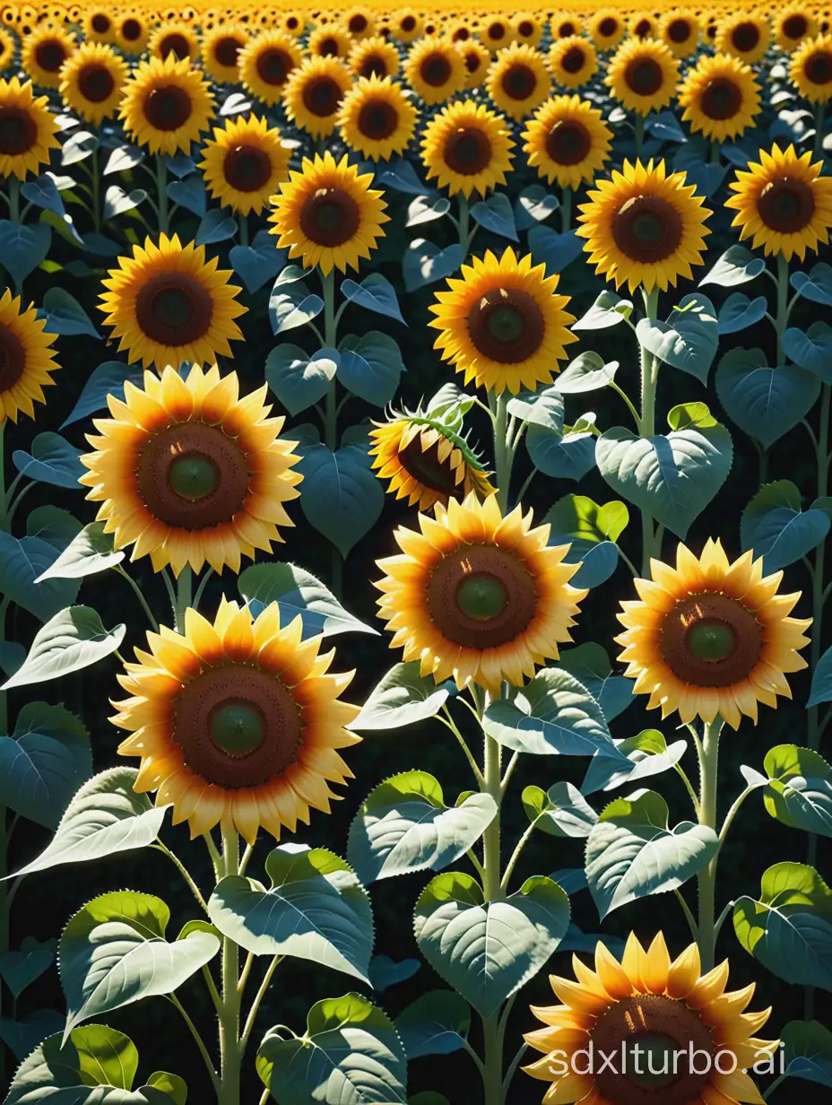 Sunflowers, a large patch, everywhere, middle-shot, realistic