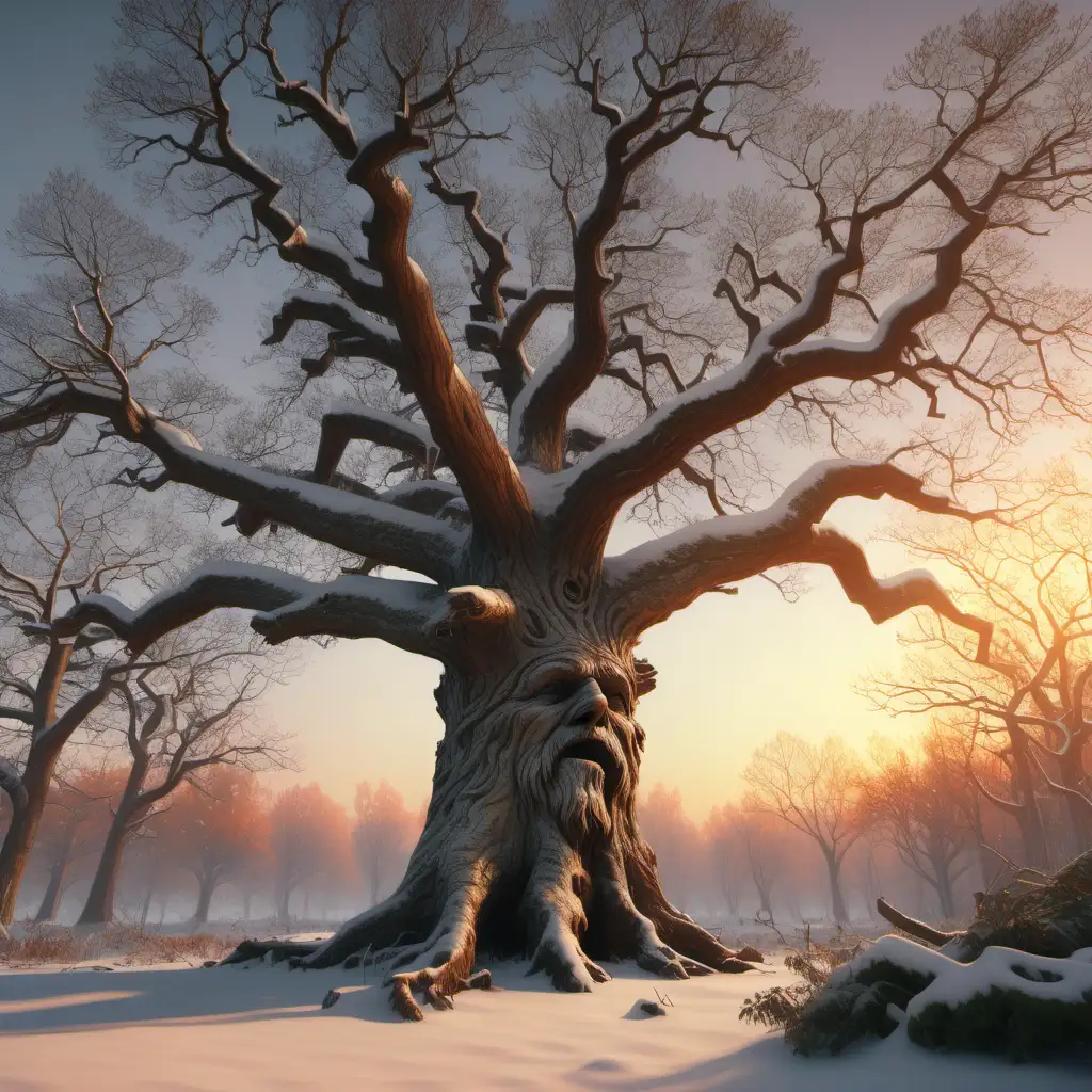 A scenic snowy forest landscape. In the right of the scene an old oak with an old ancient face in the bark and branches as arms are standing, make the tree alive, ultra realism, orange sunset light, 1080f resolution, ultra 4K, high definition, volumetric light

