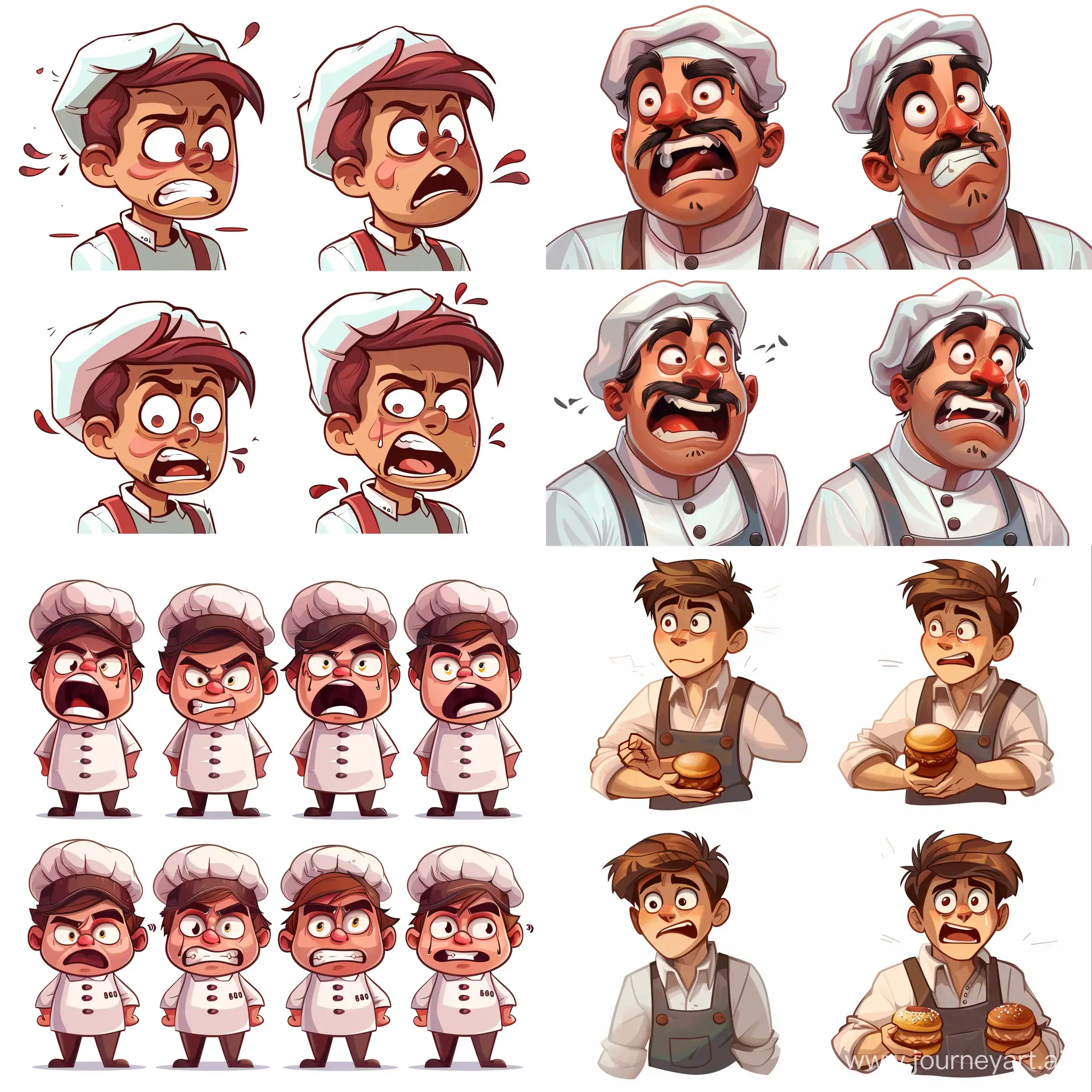 Comic cartoon of 4 time the same baker characters with different emotions ranging from happy to grumpy for a video game, fun. Use only 3c2337,fadcca,f5965f,ed6f4c,fa4637 and their shades, Style of Erik Jones, sparth, highly detailed, hyper-detailed, with a white background.