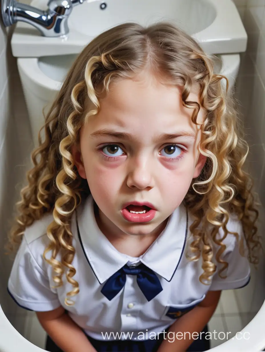 A girl. The girl wears a school uniform. 10 years old. Close-up. The photo taken from top. Toilet. Bird's eye view. Plump lips. Close up. Head top view. Close up. The girl is sad. The girl has a different face. The girl has so long curly hair. Blonde. Russian. The girl big opened the mouth.